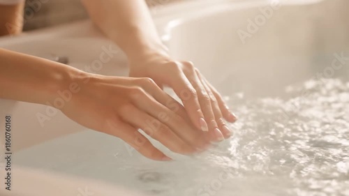 Wallpaper Mural Close-up of hands gently placed in water, showing white French manicure on long fingernails Torontodigital.ca