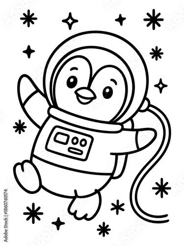 Astronaut Penguin in Space: A whimsical illustration of a charming penguin suited up as an astronaut floats among the stars, offering a creative vision of cosmic exploration.