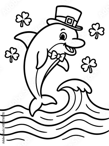 St. Patrick's Day Dolphin Celebration: A playful dolphin is jumping above the water, wearing festive attire, including a hat, bow, and surrounded by clovers, captures the spirit of St.