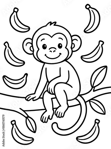 Cheerful Monkey with Bananas: An adorable cartoon monkey is perched on a tree branch, surrounded by fresh bananas, a scene exuding playful joy.