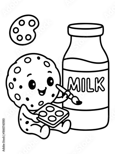 Cookie's Artistic Journey: A delightful illustration features a cheerful cookie, wielding a paintbrush and palette, alongside a bottle of milk. A playful scene of creativity.