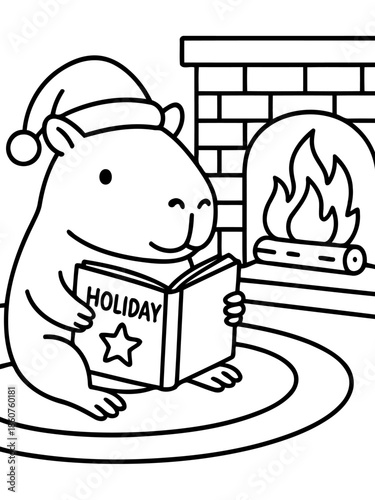 Cozy Holiday Reading: An adorable capybara, adorned with a festive hat, finds comfort in the glow of a fireplace as it enjoys a good book. Evoking the warmth and charm of the holiday season.