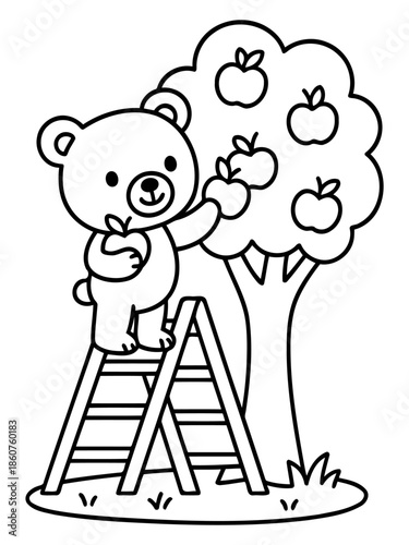 Bear Harvesting Apples: A charming bear, perched on a ladder, diligently gathers ripe apples from a bountiful tree. A heartwarming scene of autumn abundance.