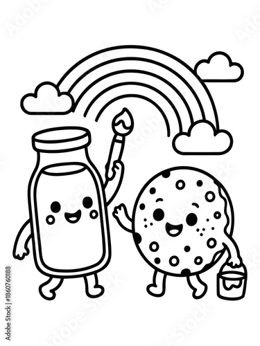 Playful Painting: A whimsical illustration showcasing a cookie and milk bottle as friendly characters, bringing a rainbow to life with paint. 