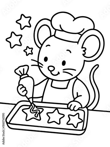Sweet Treat Creation: A charming cartoon mouse, donned in a chef's hat, delicately crafts star-shaped cookies, a whimsical scene full of culinary artistry.