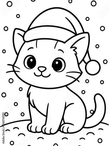 Festive Feline: A charming, outlined illustration of a kitten wearing a Santa hat, set against a backdrop of falling snowflakes, perfect for holiday-themed designs.