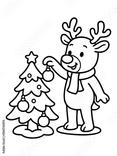 Festive Reindeer Decorating a Christmas Tree: A charming illustration depicts a friendly reindeer, adorned with a cozy scarf, joyfully decorating a christmas tree.