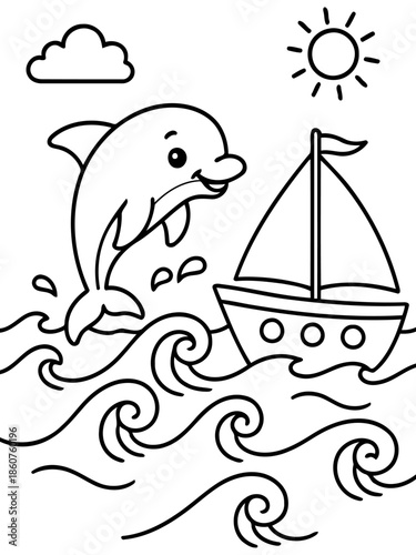 Dolphin's Adventure in Sea: A playful dolphin leaps joyfully, creating splashes as it interacts with a serene sailboat amidst gentle waves. A sun and cloud add a touch of tranquility to the seascape.