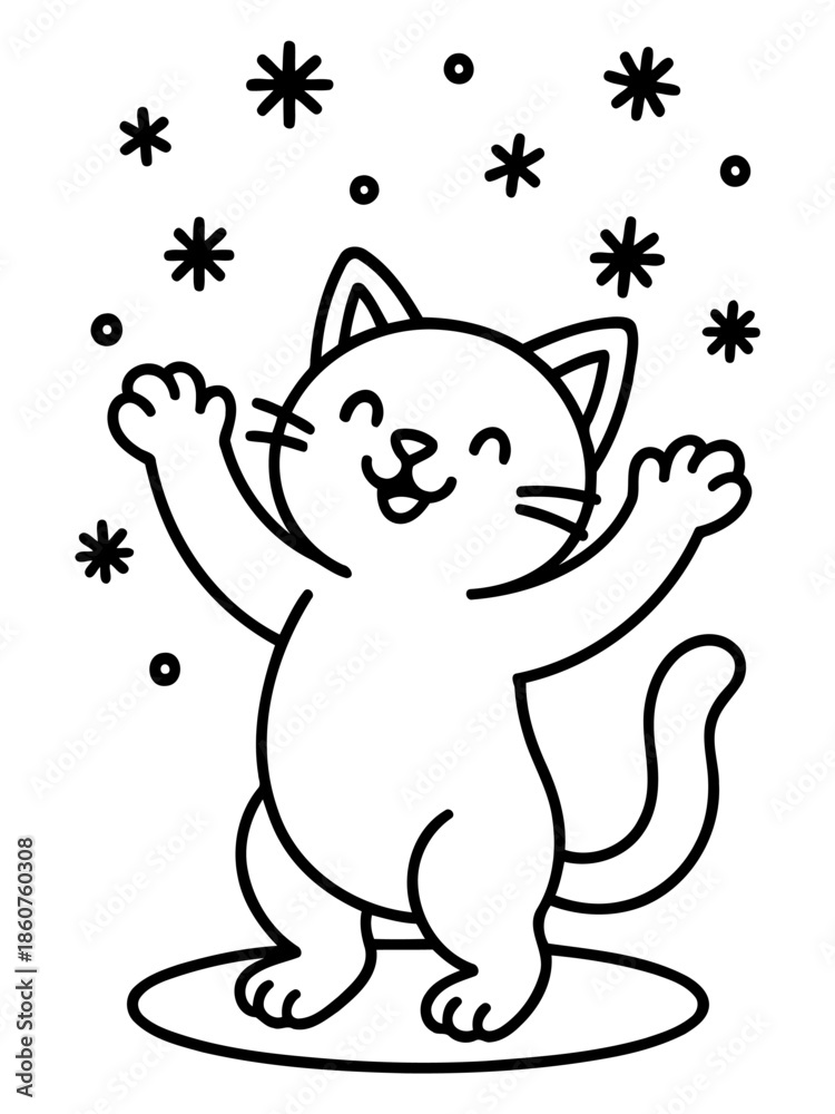 Fototapeta premium Winter's Playful Companion: A cheerful cartoon cat frolics joyfully amidst a cascade of snowflakes, capturing the innocence of winter.