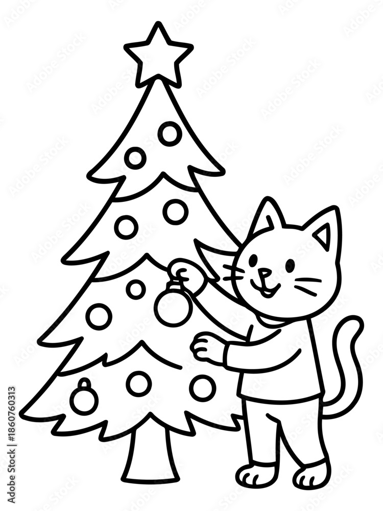 Fototapeta premium Festive Feline: A charming cat decorates a Christmas tree, radiating the joy and anticipation of the holiday season, complete with twinkling lights and colorful ornaments.