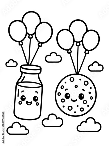 Sweet Companions: An adorable illustrated cookie and milk carton floats, each ascending with their set of balloons. Together in the boundless blue skies.