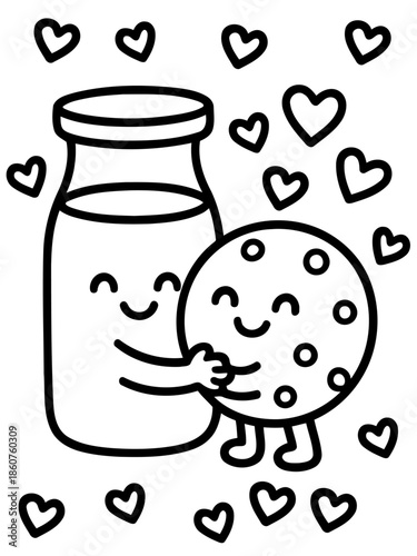 Cookie and Milk Love: Two joyful cartoon characters, a sweet cookie and a refreshing milk bottle, embrace in a loving hug, surrounded by hearts that float gently around them.