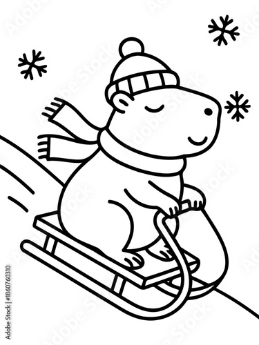 Winter Adventure: A cheerful capybara, bundled in a cozy hat and scarf, enjoys a thrilling sled ride through a snowy landscape, snowflakes gently falling around.