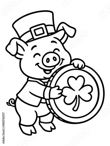 Lucky Pig with Clover Coin: An adorable, smiling piglet embraces a golden coin emblazoned with a lucky clover, embodying the spirit of St. Patrick's Day and a touch of lighthearted celebration.