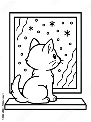 Window Gaze of Kitten: A cute kitten, perched on a windowsill, gazes out the window, mesmerized by the falling snowflakes, depicting a moment of childlike wonder.