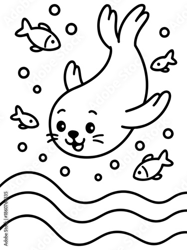 Playful Underwater Scene: A delightful drawing of a playful seal frolicking in the underwater world among lively fishes and air bubbles. Perfect for adding a touch of joy and marine charm.