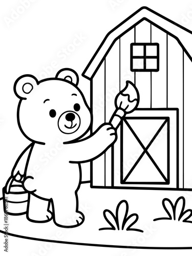 Bear Painting Barn: A cheerful bear diligently paints the side of a barn, a pot of paint in tow, showing creativity, care, and the joy of simple tasks.