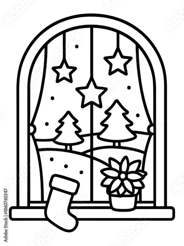 Window to Winter: An enchanting illustration captures the magic of the holiday season through a detailed window scene, adorned with festive elements such as stars, trees, and a decorative stocking.