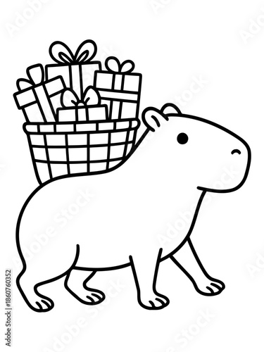 Gift-bearing Capybara: A charming illustration shows a capybara diligently carrying a woven basket overflowing with beautifully wrapped gifts. This image evokes feelings of generosity, joy.