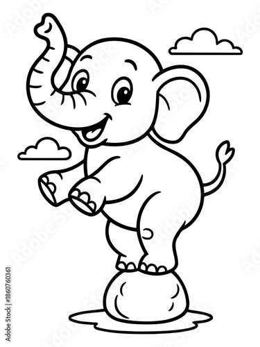 Playful Elephant on Stone: A joyful illustration of a baby elephant balancing atop a stone. The friendly expression, cute features, and dynamic pose evoke a sense of playful innocence. 