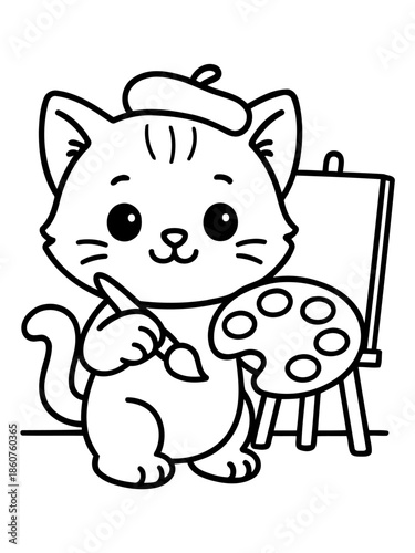 Artistic Cat's Creative World: A charming artistic cat, adorned with a beret, holds a paintbrush and palette, ready to bring vibrant colors to life on the canvas.