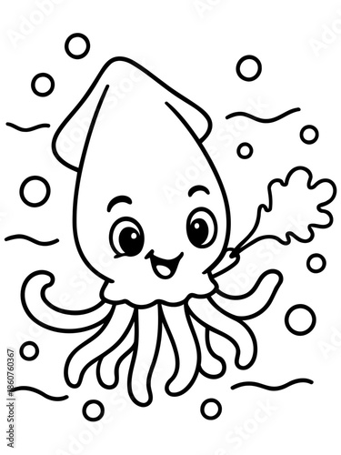 Playful Squid in the Ocean: A cheerful squid swims gracefully through the water, with its tentacles dancing and bubbles floating around.
