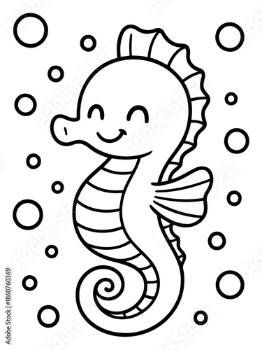 Adorable Seahorse Undersea: A charming seahorse, rendered in simple lines, floats amidst bubbles in a minimalist illustration, evoking a sense of marine tranquility. 