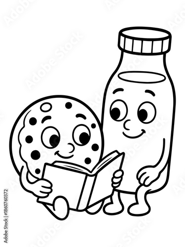Cookie and Milk's Cozy Storytime: A charming black and white illustration depicts a delightful scene where a cookie and a milk bottle are engrossed in a book.