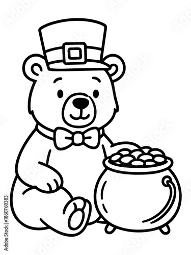 Lucky Bear and Treasure: A delightful bear, adorned in a charming hat, guards a pot brimming with golden treasure, a heartwarming scene filled with luck and merriment.