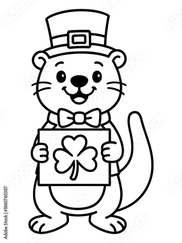 Lucky Otter Illustration for St. Patrick's Day: An adorable otter illustration, dressed in a festive hat and bow tie, joyfully holding a sign with a lucky shamrock symbol. Capturing the spirit of St.