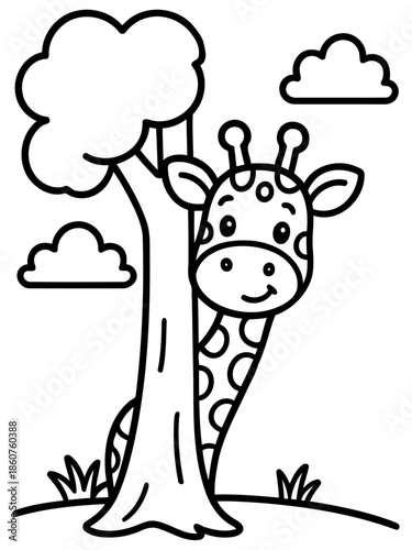 Curious Giraffe: A charming illustration depicts a friendly giraffe playfully peeking from behind a sturdy tree, the giraffe's long neck and distinctive spots add to the picture's appeal.