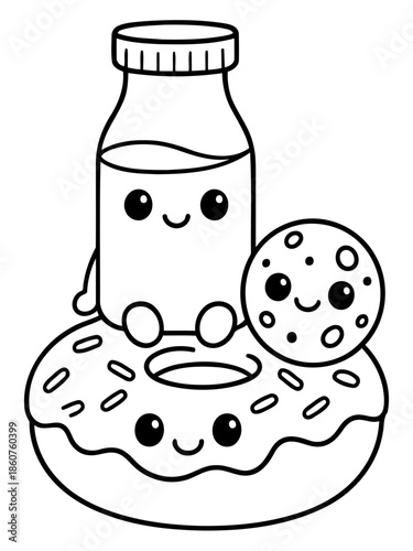 Sweet Delight: A charming illustrated ensemble featuring a friendly donut, milk bottle, and cookie, radiating joy and creating a whimsical scene.