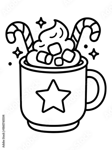 Cozy Cocoa Delight: A charming illustration depicts a mug overflowing with a warm cocoa beverage, crowned with whipped cream and sweet candy canes, inviting a sense of warmth and comfort.