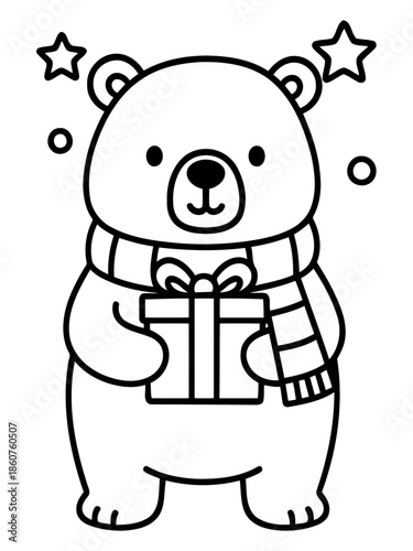 Festive Polar Bear with Gift: A cute cartoon polar bear, adorned with a cozy scarf and surrounded by twinkling stars, holds a wrapped gift, embodying the spirit of celebration and giving.