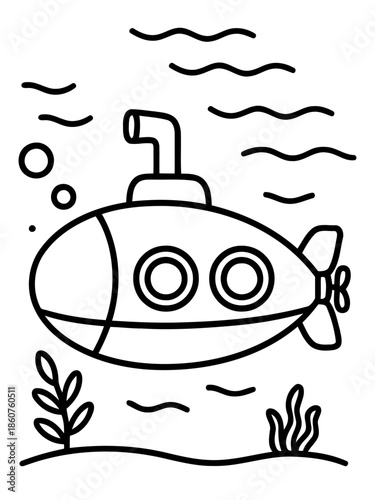 Submarine Undersea Journey: A cartoon illustration captures a submarine's aquatic adventure. It explores the depths, where bubbles float upwards near seaweed and water.