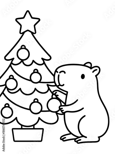 Capybara Decorating Christmas Tree: A cute illustration captures a cheerful capybara, joyfully decorating a christmas tree with festive ornaments, full of holiday spirit.