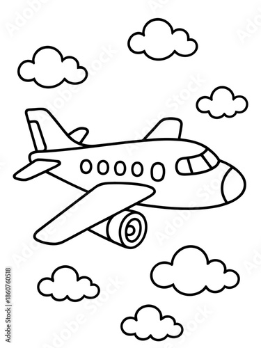 Soaring Dreams: An illustrated airplane gracefully navigates the expansive sky, accompanied by fluffy clouds, conjuring the spirit of adventure and travel.