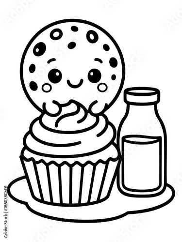 Cute Cookie & Cupcake Companion: An adorable illustration of a delightful cupcake, topped with a smiling cookie, accompanied by a petite milk bottle. A sugary scene of sweetness and innocence.