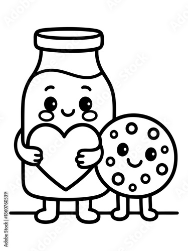 A Playful Pair: Delightful cartoon depicts a milk bottle and a cookie, radiating warmth and friendship, with a charming heart between them.