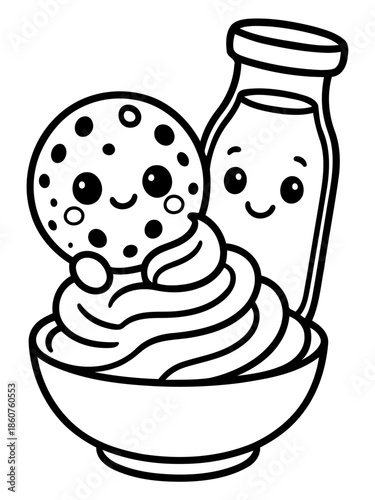 Sweet Treat Harmony: A whimsical illustration of a smiling chocolate chip cookie nestled atop a swirl of fluffy cream in a bowl, with a jovial milk bottle companion.