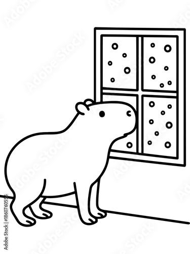 Capybara's Snowy View: A curious capybara gazes out a window, observing the beauty of a snowy landscape. the scene captures a moment of serene contemplation.