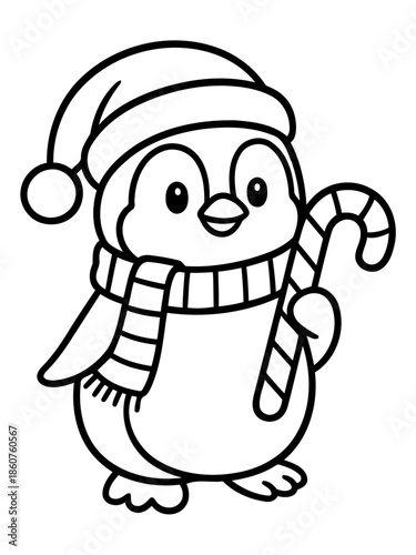 Cute Penguin with Candy Cane: An adorable penguin, sporting a winter hat and scarf, joyfully clutches a candy cane, embodying the festive spirit of the holiday season.
