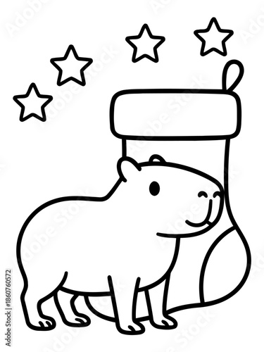 Festive Capybara: A delightful illustration of a capybara standing beside a Christmas stocking beneath a constellation of stars, embodying festive cheer.