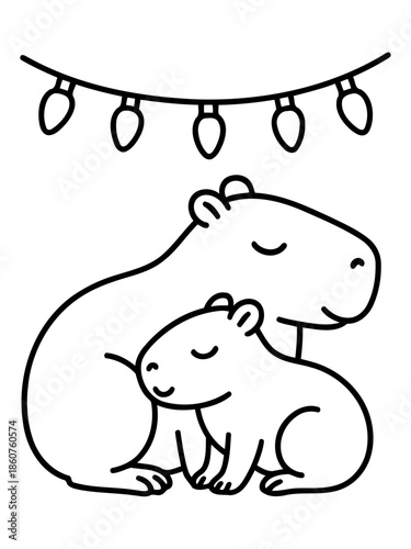 Cozy Capybaras: a tender illustration depicts two adorable capybaras, illuminated by a string of festive lights, creating a heartwarming scene of togetherness. 