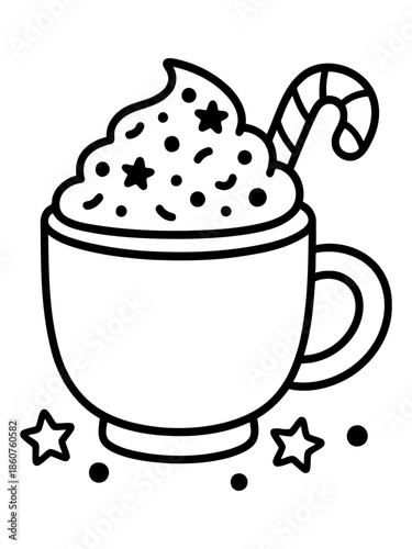 Festive Cocoa Delight: A charming cup of cocoa is adorned with fluffy whipped cream and a festive candy cane, creating a heartwarming scene.