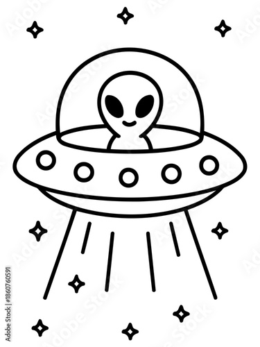 Extraterrestrial Voyager: A friendly extraterrestrial piloting a flying saucer against a backdrop of stars, representing space exploration and imagination.