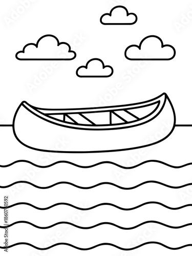 Canoe on calm water: A simple outline of a canoe gracefully floats on serene water, beneath a sky dotted with fluffy clouds.