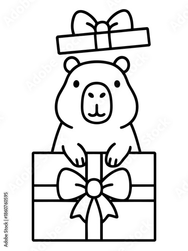 Gift Box Capybara Illustration: A cute capybara pops out of a gift box, it conveys the idea of the perfect gift for someone special. Perfect to be used as greeting cards or invitation cards.