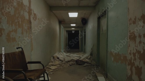 A long, dark, and decaying hallway in an abandoned building with peeling paint, debris, and an old wheelchair.