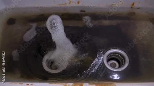 A clogged sink with dark, murky water and foam bubbling up from the drain.